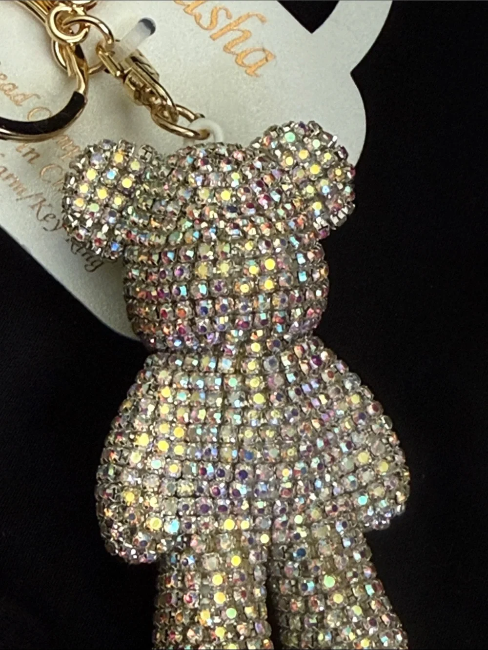 Natasha Crystal Teddy Bear Keychain- Iridescent Rhinestones & Gold-Tone Metal